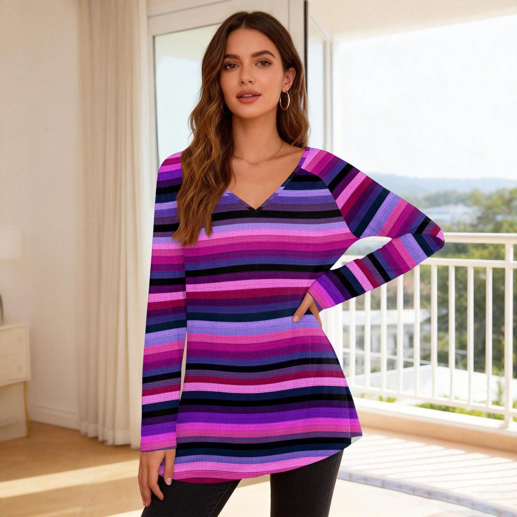 Women's Fashionable Casual Long-Sleeved Striped Print V-Neck Mid-Length Top