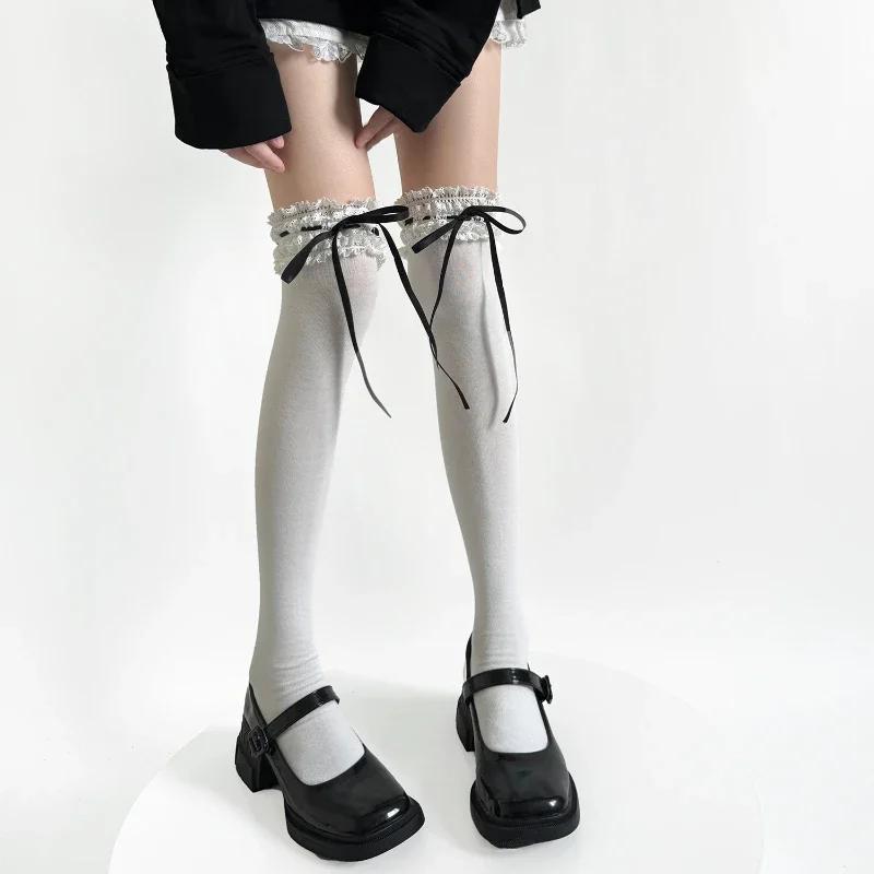 Sweet Girls Long Socks Stockings Women Bandage Ribbon Bow Knee High Socks Thigh High Stockings Lolita Lace Ruffle Socks Stocking