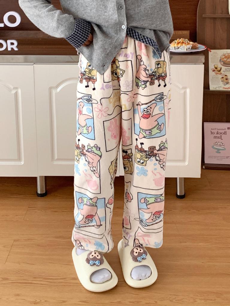 Cute Hello Kitty Women's Coral Fleece Pajama Pants Cartoon Kitty Sleepwear Loungewear