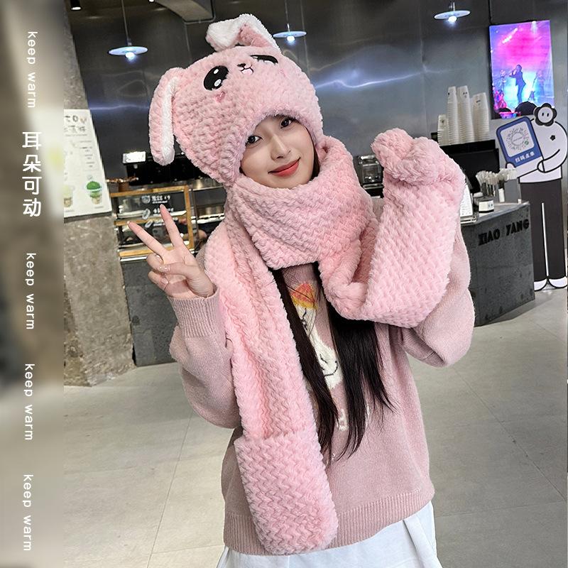 Rabbit ears move hat lady autumn and winter cute thickened warm scarf gloves integrated hooded pullover