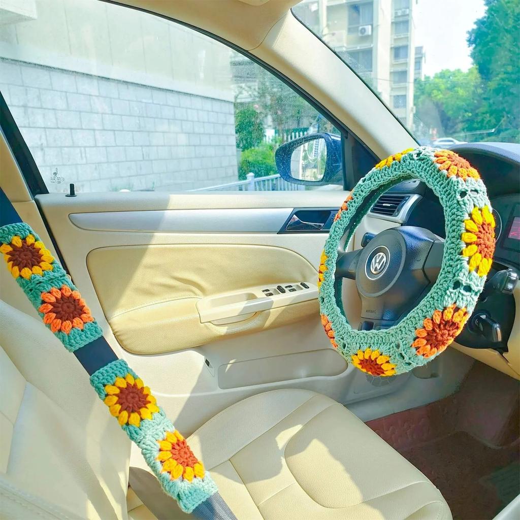 Car Steering Wheel Cover Warm  Anti Slip Grip Seat Belt Safe Hand Crocheted Flower Design for Stylish Car Decor Winter Simple