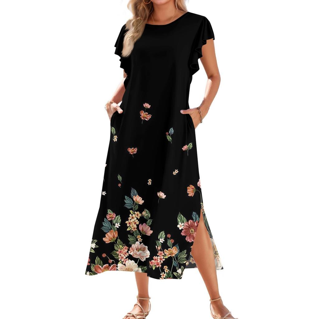 Ladies' Fashionable Summer Casual Pleated Sleeves, Loose Retro Floral Print, Short Sleeves, Round Tie, Pocket Beach Dress