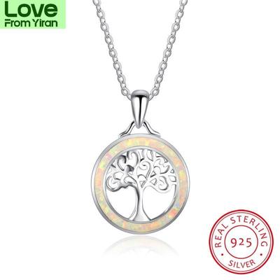 Colgantes Círculo de Ópalo de Fuego Blanco Vívido Blaike y Árbol de la Vida Plata de Ley S925 Sólida Hueca Collar Clavícula Piedra Natal para Mujer