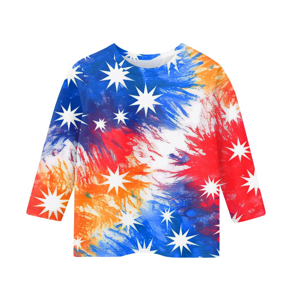 Print Tops For Youth Girls Round Neck 3/4 Sleeves T-Shirts Trendy Tops Outfit Tees Independence Day