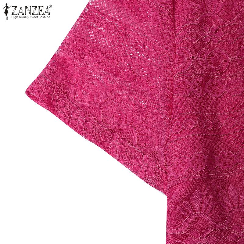 ZANZEA Women Casual V-Neck Summer Short Sleeve Lace Patchwork Dress