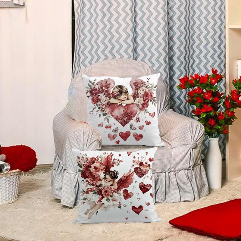 Valentine's Day Angel Print Home Decor Pillowcase Bedroom Living Room Sofa Decoration Polyester Cushion Cover with Zipper