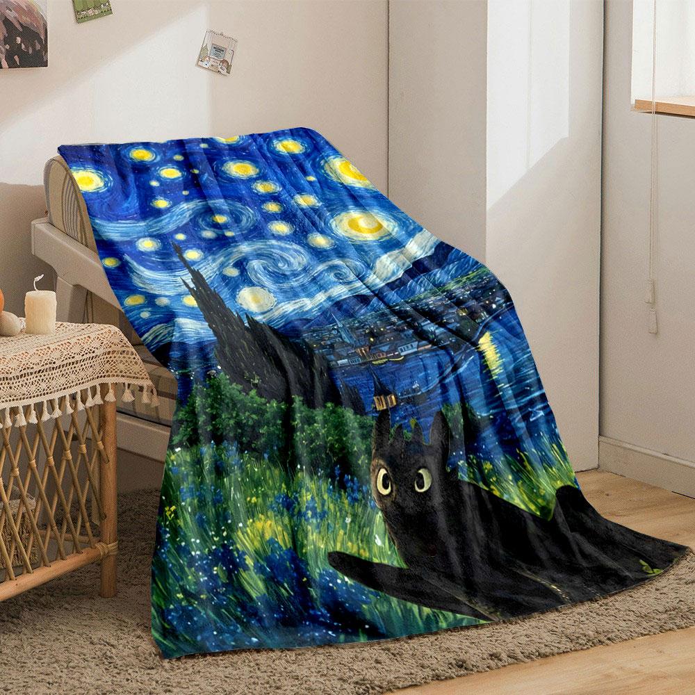 Swirling Starry Sky with Vibrant Yellow Stars Over a Peaceful Town. for All Seasons Blanket Lunch Break Throw Gift