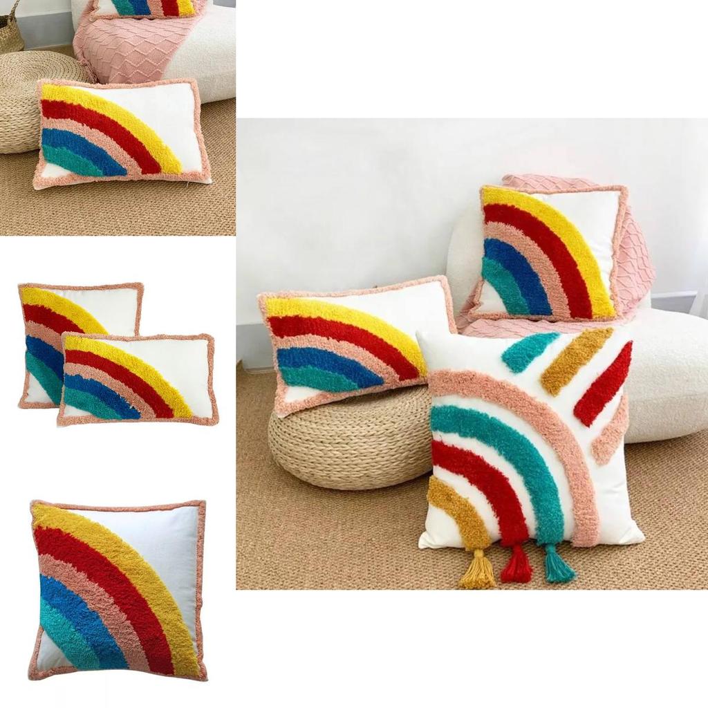 Bohemian Style Rainbow Pillow Cover Soft Cotton Linen With Tassels And Embroidery