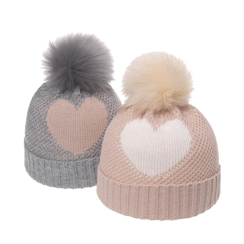 Korean Version of Autumn and Winter Warm Children's Love Knitted Hat Hairball Wool Hat Autumn and Winter Outdoor Cold Knitted Hat Girls