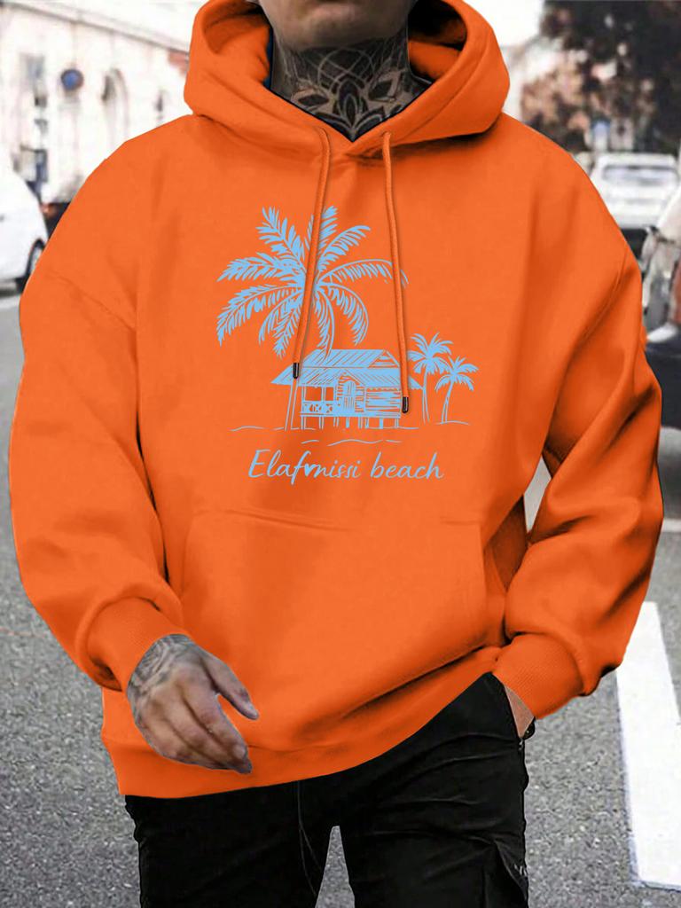 Beach Coconut Trees Creative Printed Men Hoodies Multicolor Loose Hoody Autumn Fleece Streetwear Pocket All-Match Unisex Tops