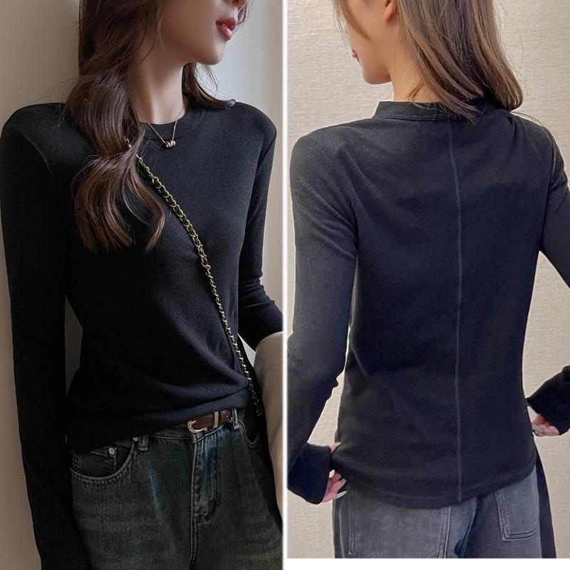 Women's Autumn And Winter Solid Color T Shirt With Brushed Long Sleeved Base Underneath
