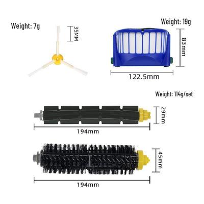 Compatible Accessories for iRobot Roomba 600 Series: HEPA Filter, Roller Brush, Side Brush, and Universal Wheel.