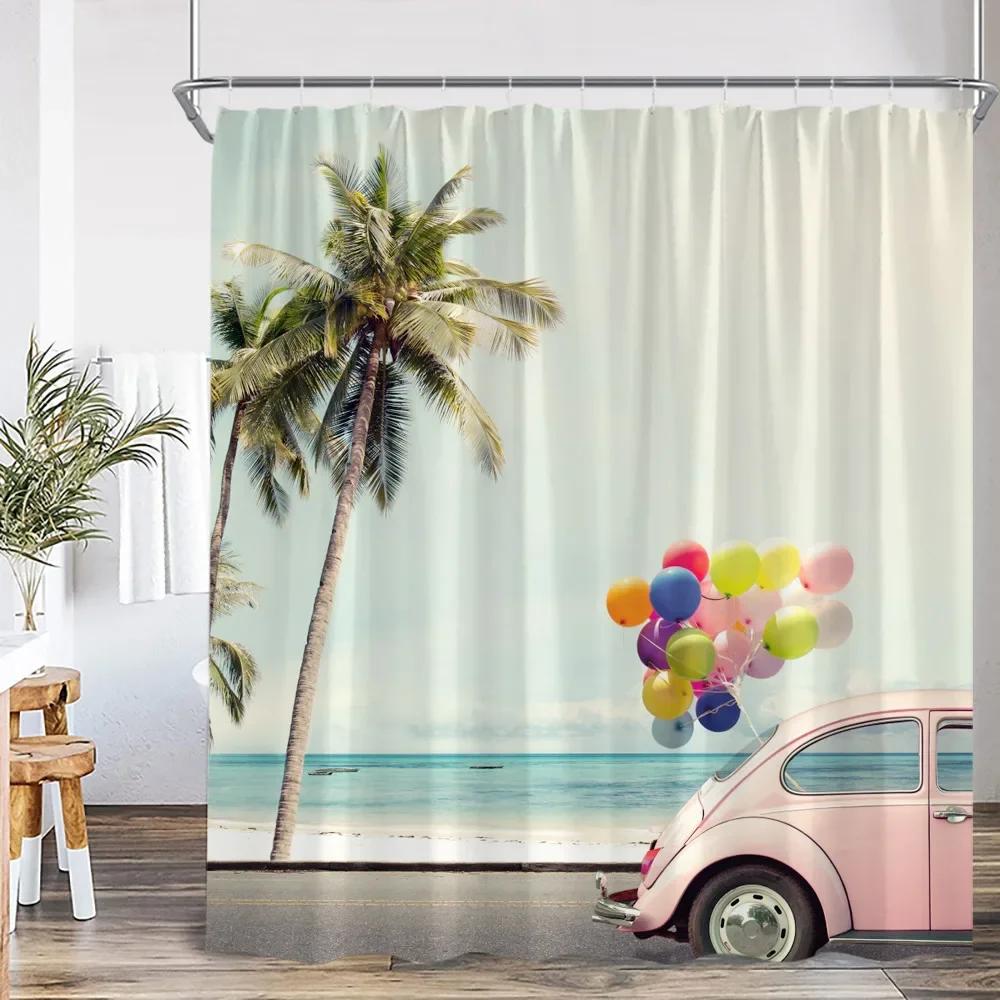 Camping Shower Curtain Camper Travel Bus Beach Coconut Tree Surfboard Outdoor Action Bathroom Decoration Rv Shower Curtain