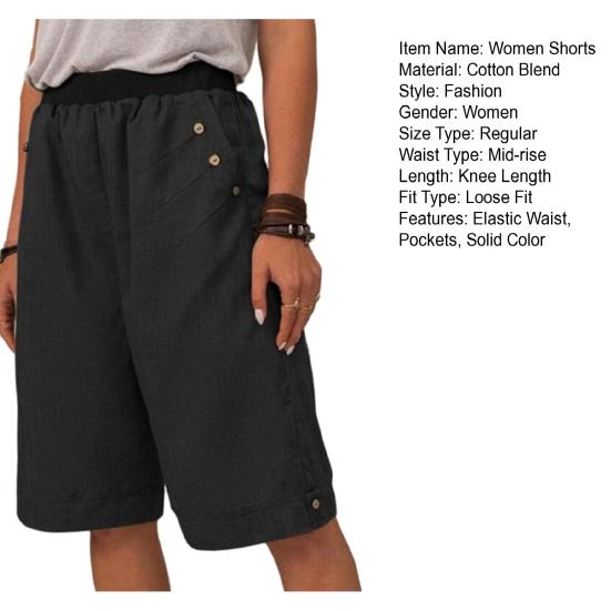 Women Summer Shorts Elastic Waist Mid-rise Casual Sporty Style Shorts with Pockets Solid Color Straight Wide Leg Shorts