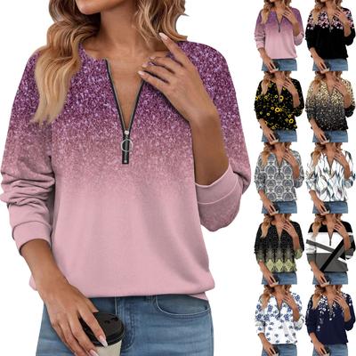Damer Ledig Långärmad Basic Kvartalsdragkedja Tryck Blommor Pullover Sweatshirts Ledig Topp Höstkläder