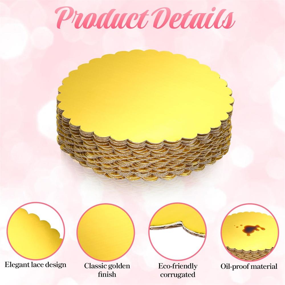 5pack Round Cake Board 8/10inch Gold Cake Cardboard Cake Circle Plate Scallop Edge Grease Proof Cardboard for Wedding Birthday