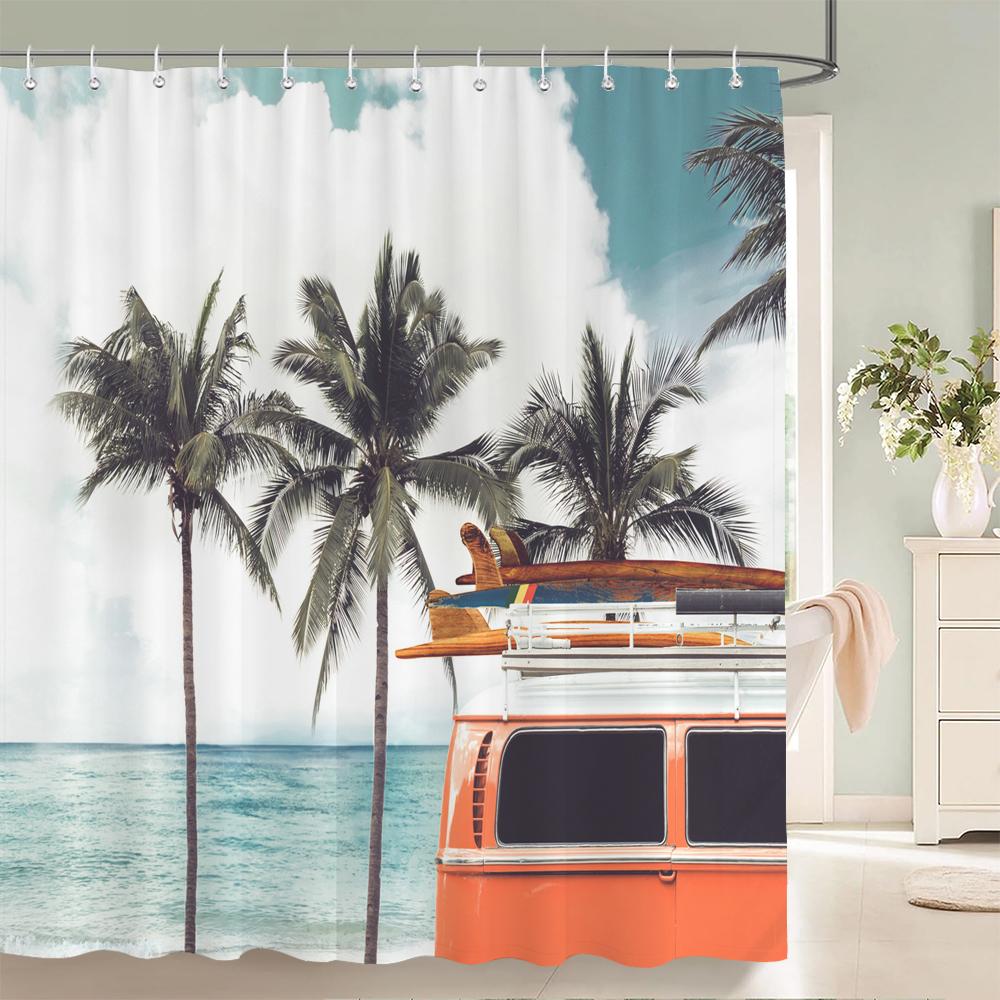 High Quality Sunny Beach Printed Fabric Shower Curtains Sea Scenery Bath Screen Waterproof Products Bathroom Decor with 12 Hooks