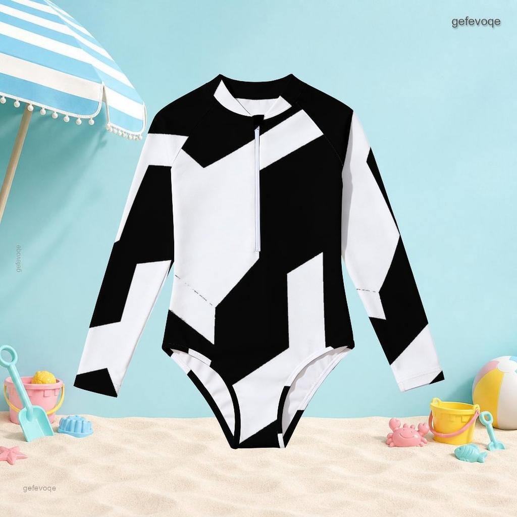 Girls High Neck Long Sleeve Front Zip One Piece Swimsuit Black White Geometric Printed