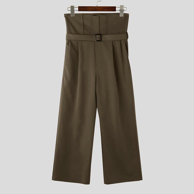INCERUN Men High Waist Zipper Straight Pants Solid Casual Loose Long Trousers