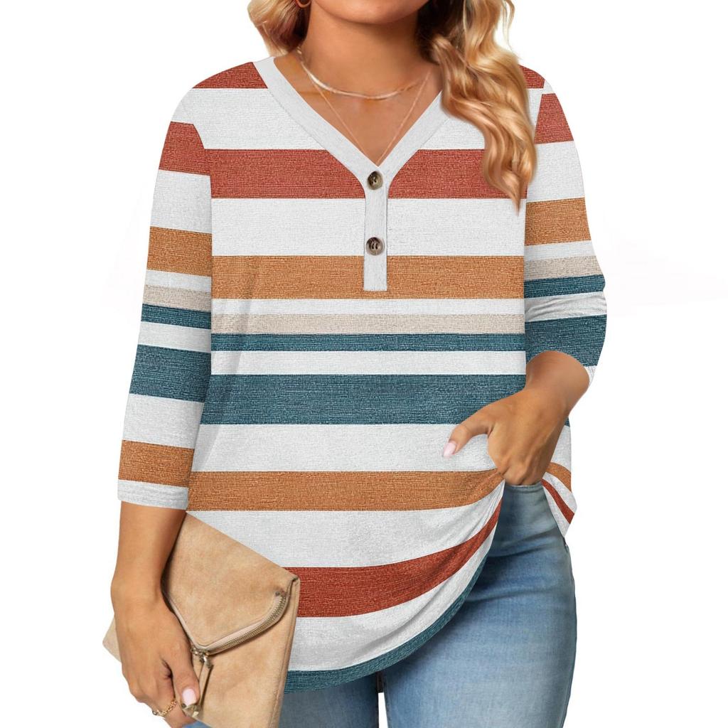 3/4 Length Sleeve Womens Tops Plus Size Button Down V Neck Shirts Blouses Casual Print Loose