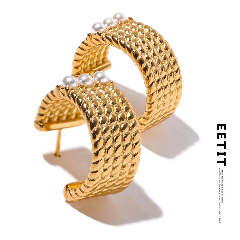 

Eetit из нержавеющей стали C-образной формы с геометрическим искусственным жемчугом, широкие серьги-кольца золотого цвета, модные модные качественные ювелирные изделия, новинка