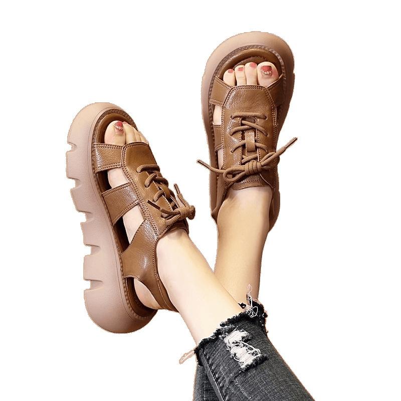 Roman sandals women's summer real soft leather new lace-up thick-soled fish mouth sandals wear muffin bottom flat-soled cool boots