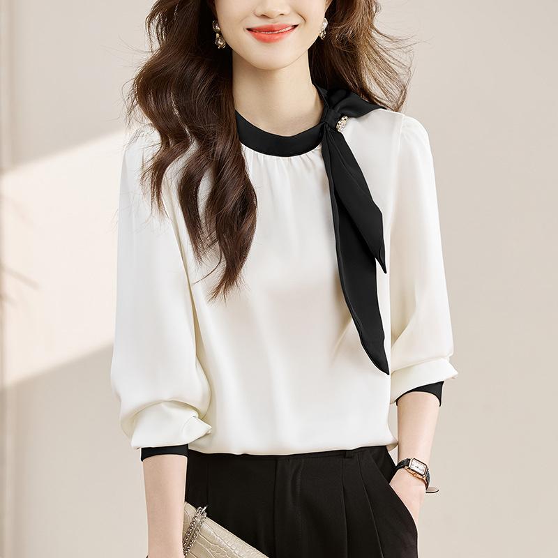 Gentle Collar Bow Tie Shirt for Women, 2026 Spring and Autumn New Style, Color Block Ribbon Design Satin Top