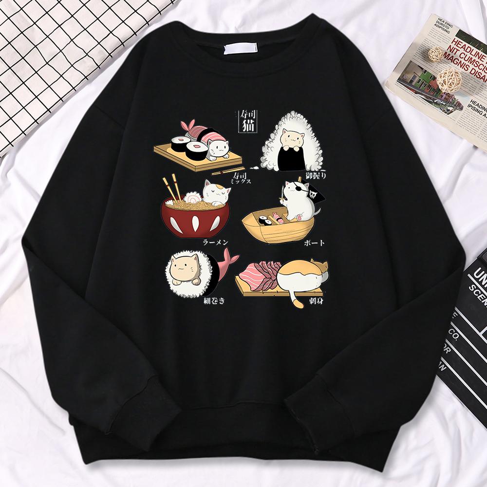 Simple Autumn Women Sweatshirt Sushi Cat'S Day Harajuku Printing Hoodies Crewneck  Pullover Warm Loose Female Streetwear