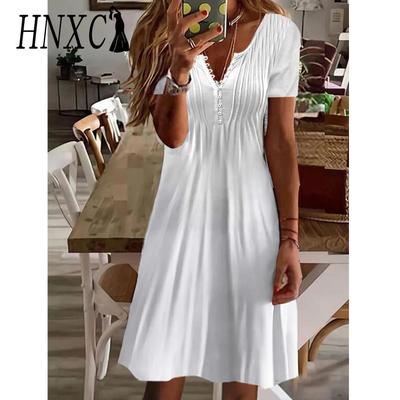 Vestidos casuales de manga corta con cuello en V para mujer, moda, verano, primavera