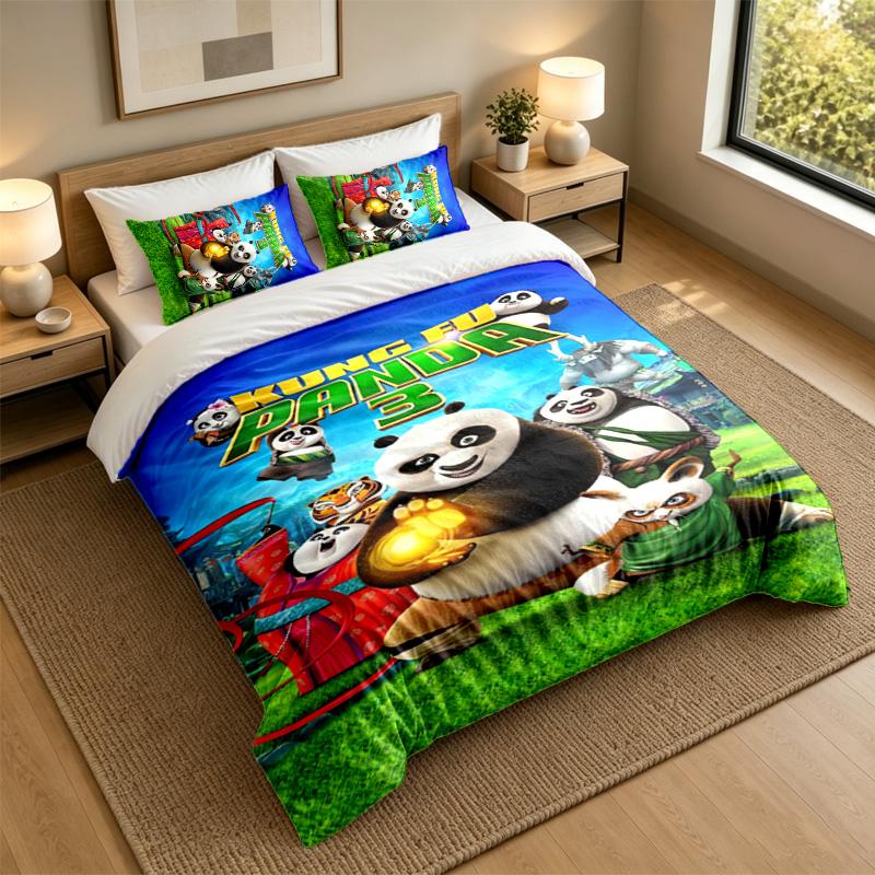 Soft Bedding Set Kung Fu Panda Pattern, 1 Duvet Cover Plus 2 Pillowcases Stylish Bedroom Home Textile