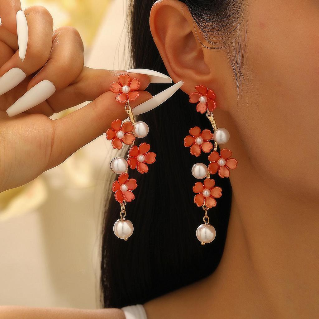 Romance Bohème Mode Fée Princesse Style Perle d'Imitation Longue Perle Fleur Pendentif Élégantes Boucles d'Oreilles Pour Femmes