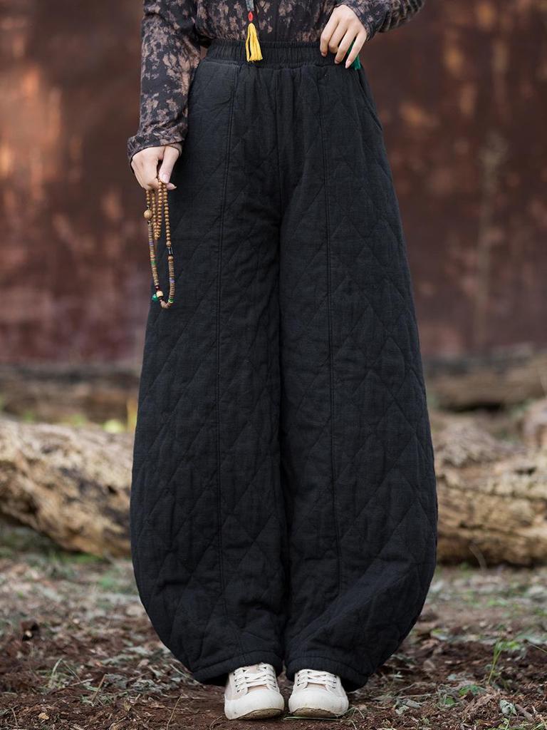 2025 Winter Women's Retro Quilted Diamond Pattern Lantern Pants - Thick Warm Cotton Linen