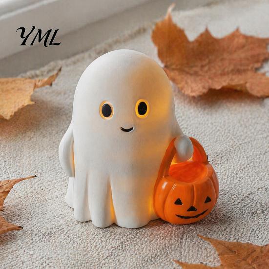 Glowing Desk Ornament Halloween Holding Pumpkin Ghost Figurine, Spooky Statue with Holiday Night Light, Resin for Tabletop Centerpiece