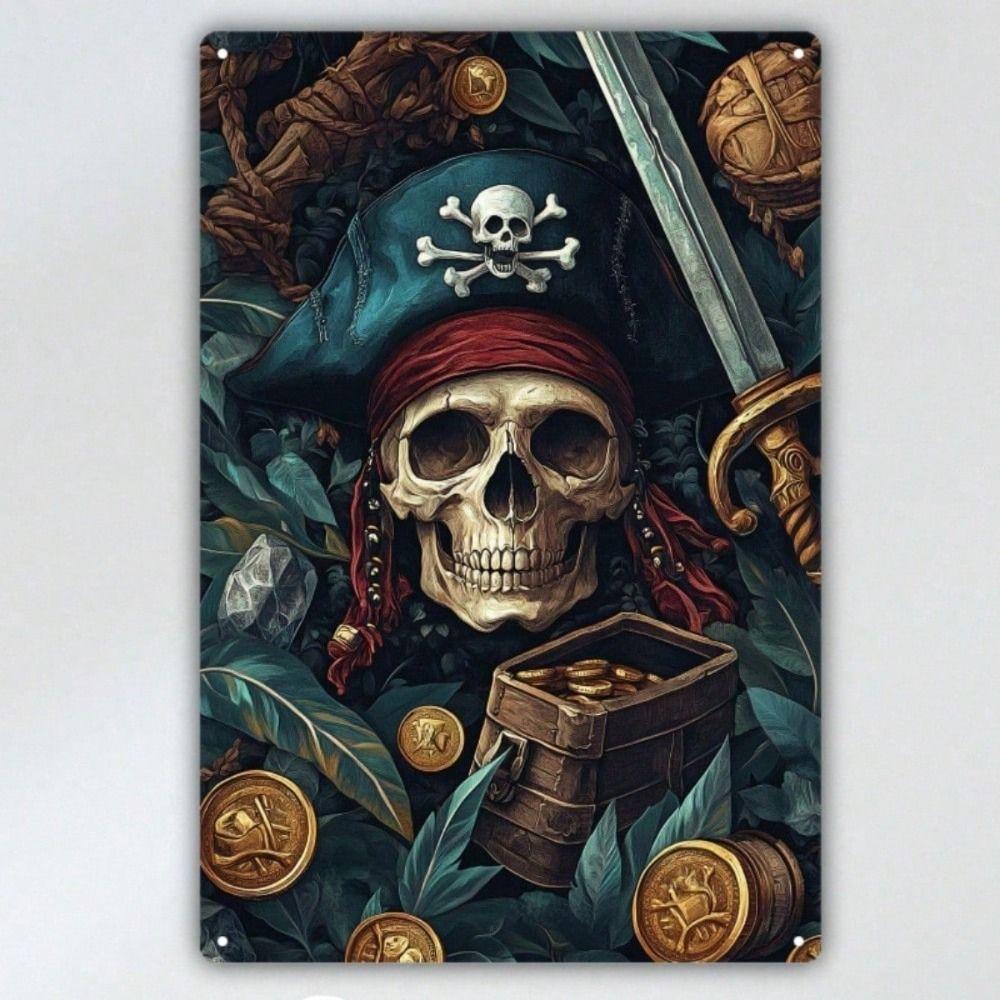 Vintage Skull Pirate Gold Coin Metal Wall Poster for Bar