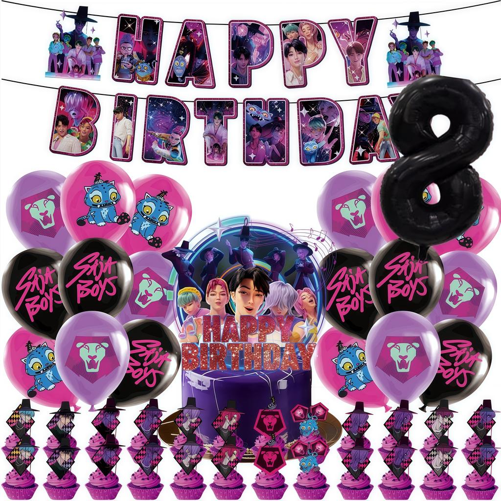 Saja Boys kpop Cazadores de Demonios Merch Set de Decoración para Fiesta Topper para Tarta Globos Fondos de Cumpleaños Suministros para Disfraces Geniales para Niños Fiesta