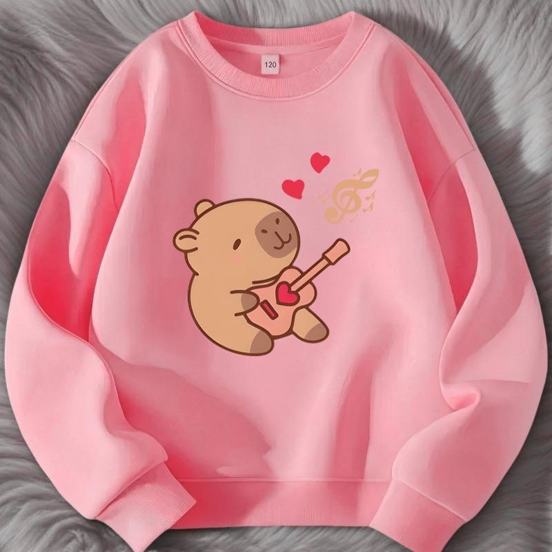 Kids Music Bear Crewneck Sweatshirt, Cartoon Bear Musical Instrument Print Soft Round Neck Long Sleeve Top