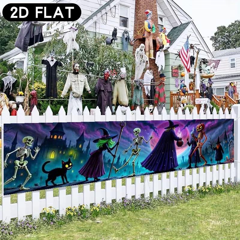 Halloween Fence Party Pennant, Witches Skulls Jack-O'-Lanterns Black Cats Gothic Design, Polyester Outdoor Garden Decoration