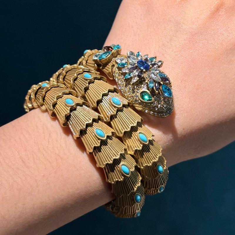 Vintage Large Snake Bracelets Woman Bangles Antique Gold Plated Jewelry Colorful Crystal Decoration Music Party Accessories 2026