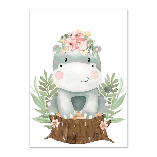 Cartoon Wearing Flowers Animal Leaves Nursery Wall Art Canvas Painting Posters And Prints Wall Pictures Baby Kids Room Décor No Frame