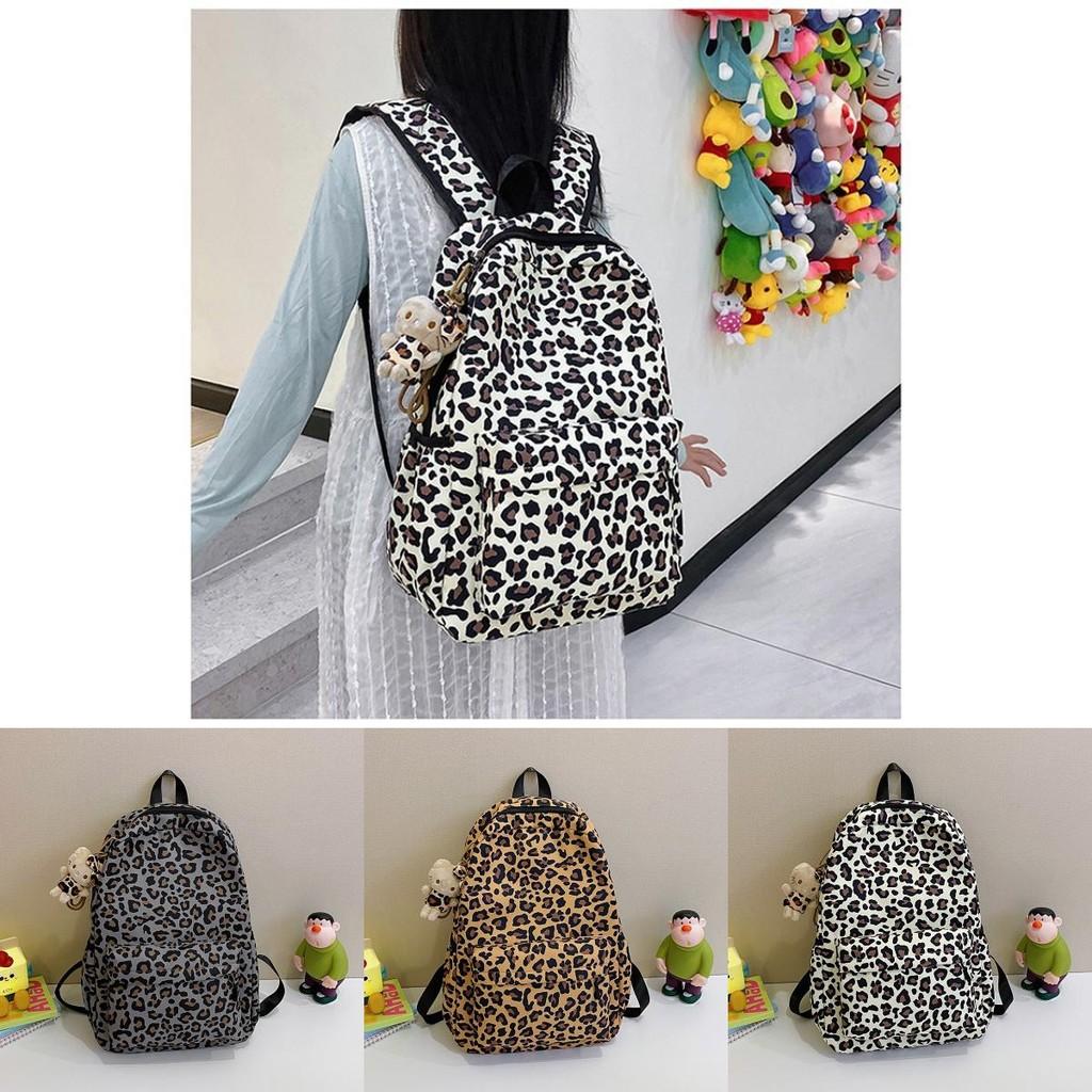 Leopard Print Nylon Backpack With Breathable Cushioned Straps 15in Laptop Compartment Unisex Casual Bag For College Street Style