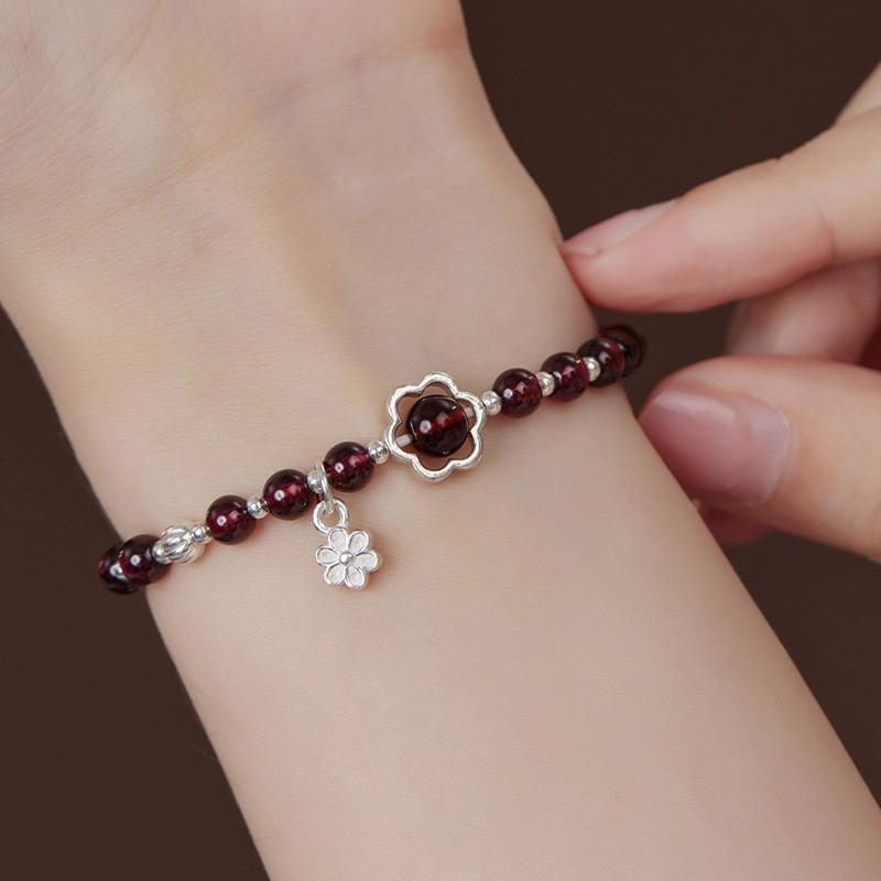 Handmade Natural Garnet Beaded Bracelet Women Floral Design Minimalist Boho New Chinese Style Jewelry Beads 5mm - Single bead 6mm - Silver-plated