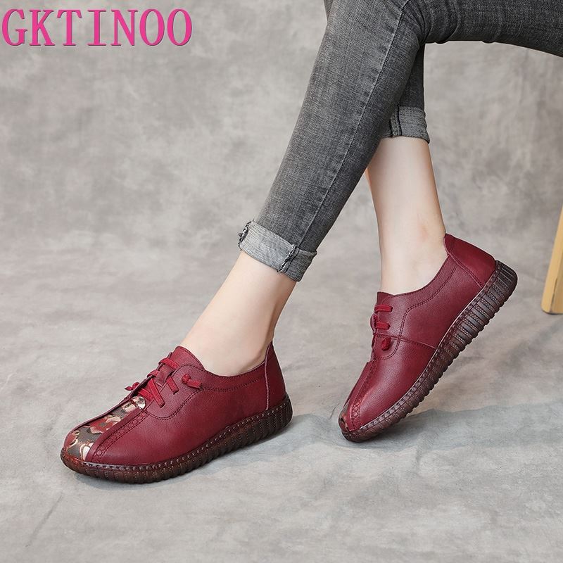 Fashion GKTINOO Genuine Leather Flat Shoes Woman Handmade Leather Loafers Flexible Spring Casual Shoes Woman Flats Zapatos Mujer
