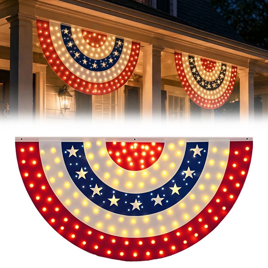 USA 250th Patriotic Bunting Banner with LED Light Memorial Patriotic Banner Flags for 4th of July Decorations Outdoor