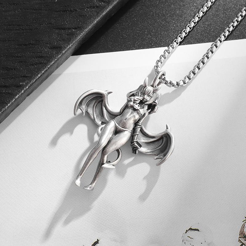 Gothic Punk Sexy Devil Bat Girl Goddess Pendant Necklace for Men and Women Hip Hop Trendy Halloween Cosplay Party Jewelry