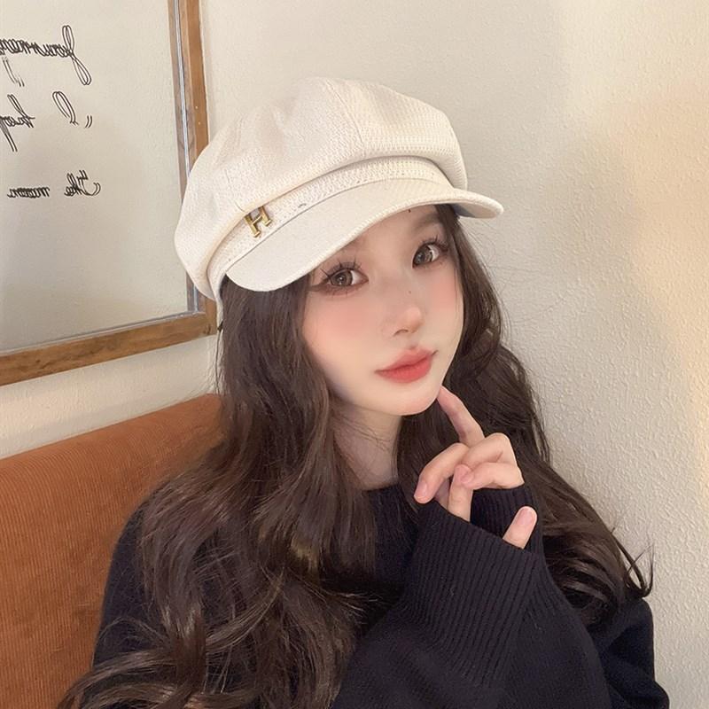

Autumn and winter hat women s high-end sense metal letter mark octagonal hat versatile wide brim show face small newsboy hat average size