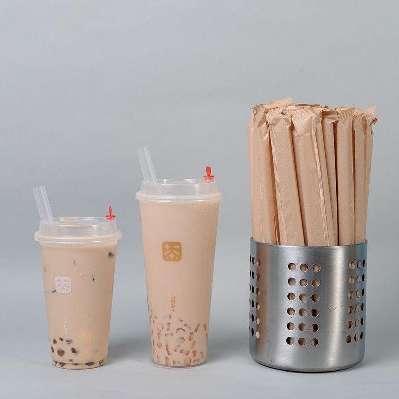 Thickened Kraft Paper Bag with Large Diameter Transparent Straws for Milk Tea Hot Drinks