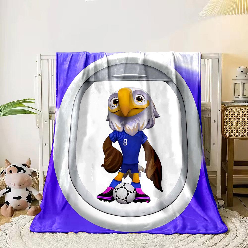

An eagle cartoon in a blue jersey poses with a soccer ball in an oval frame. for all seasons blanket lunch break throw gift 80cm x 120cm