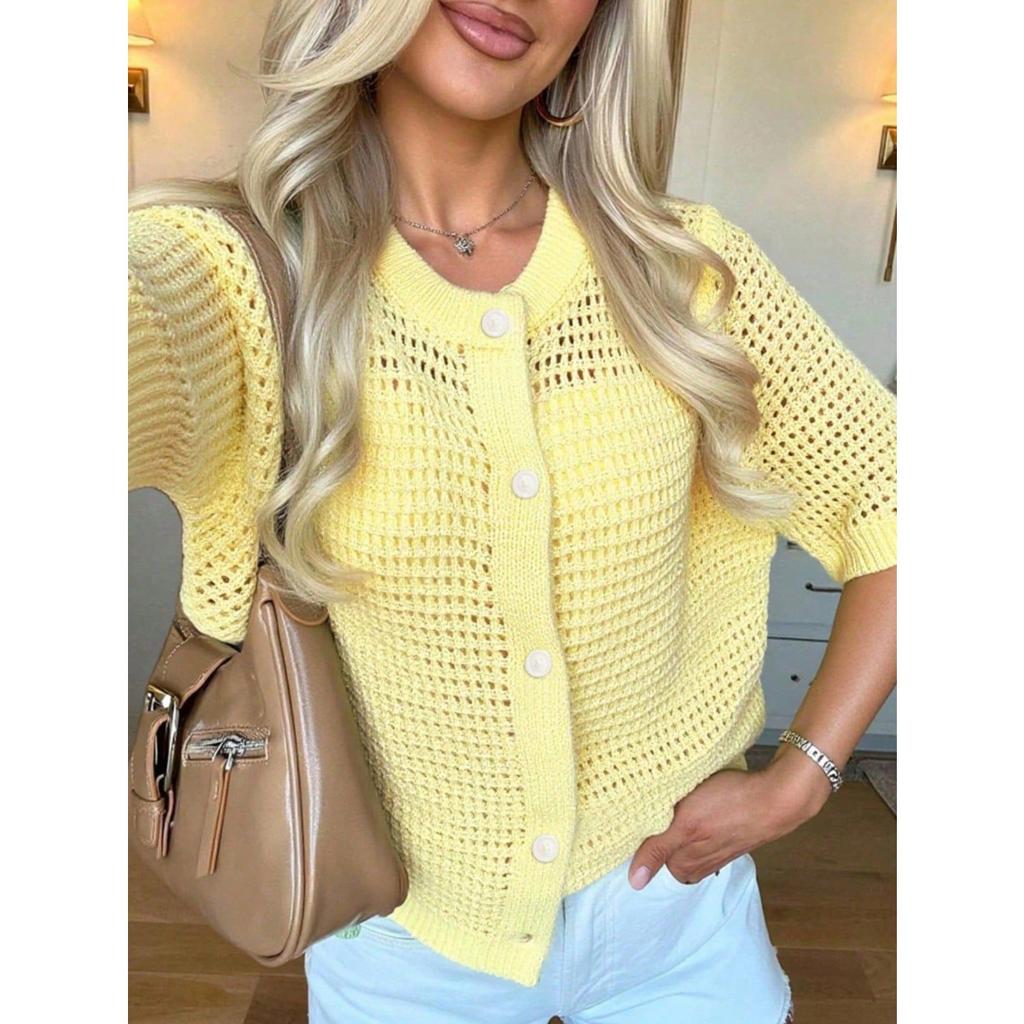 Damenbekleidung, Neue Styles, Französische Stil Oberteile, Rundhals, Ausgeschnitten, Gestrickte Shirts, Kurze Ärmel, Unifarbene, Strickjacken, Pullover, Oberteile