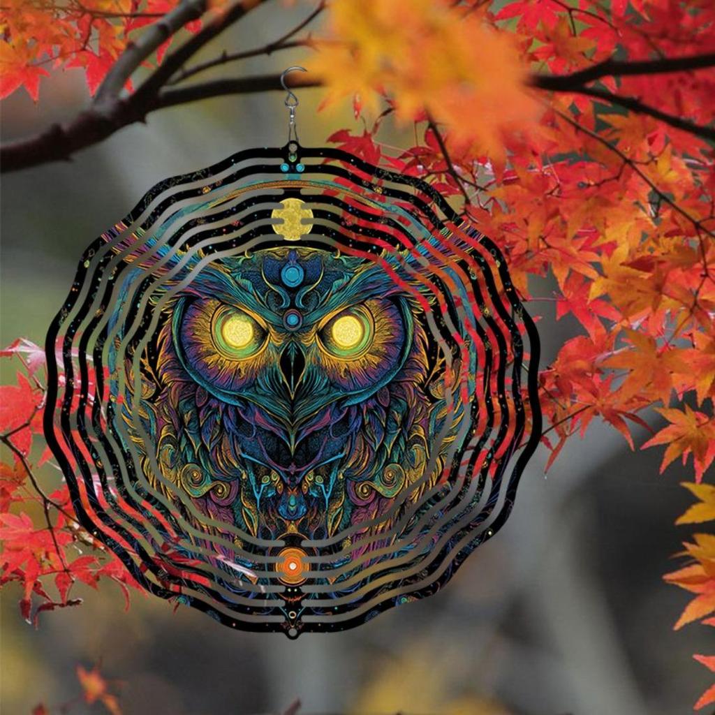 1 Stück Mandala-Stil 3D Dunkle Nacht Eule Metall Windspiel - 360° Drehende Gartendekoration mit Lebhaften Farben, Kein Strom Benötigt