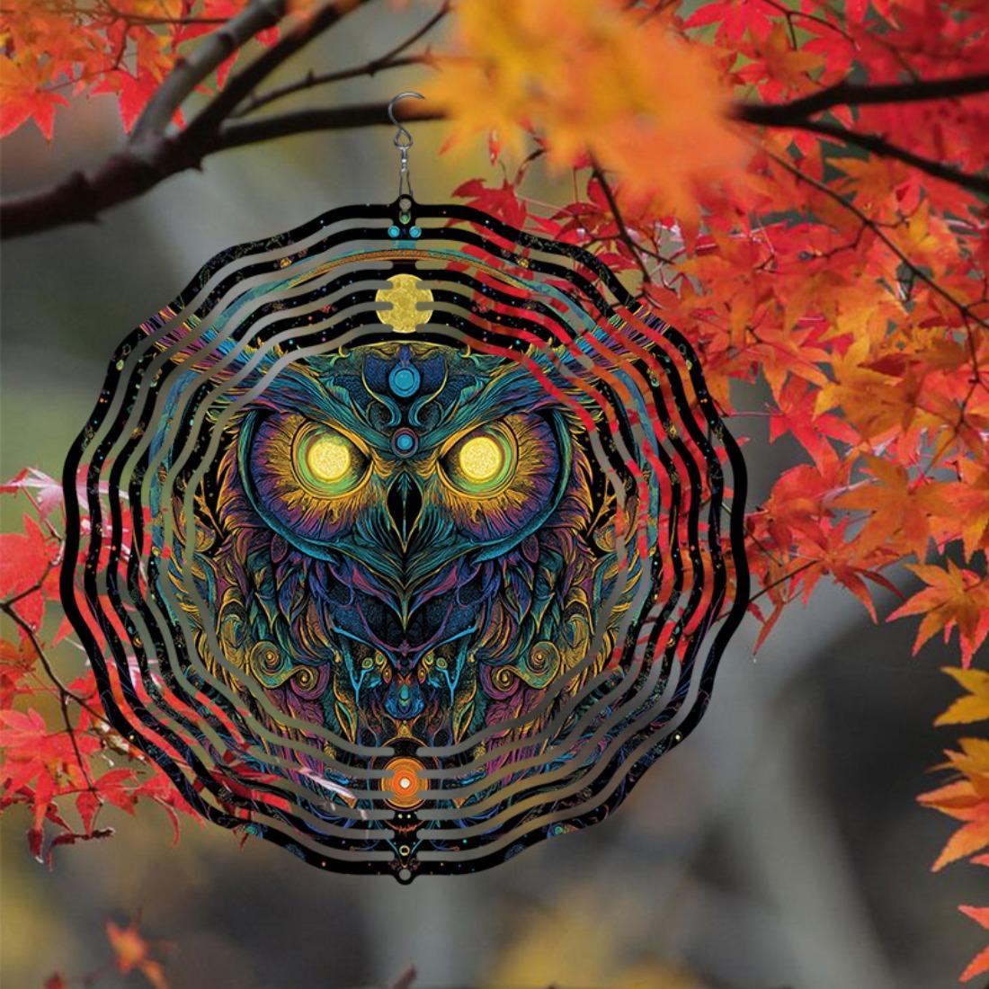 

1pc Mandala-Style 3D Dark Night Owl Metal Wind Chime - 360° Rotating Garden Decor with Vibrant Colors, No Electricity Needed
